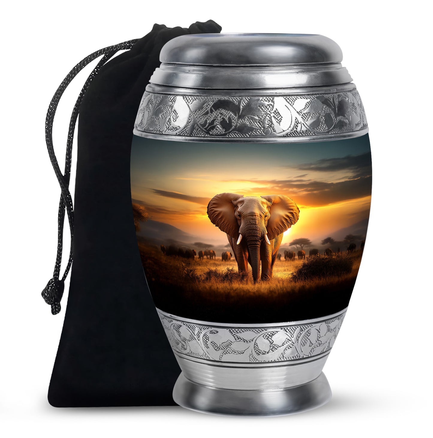 Sunrise Gold Elephant Cremation Urn back view with polished surface - regal elephant design with crown-inspired accents - full-size 10 inch 200 cubic inch adult cremation urn