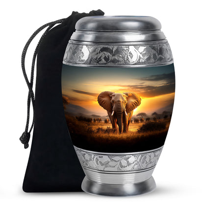 Sunrise Gold Elephant Cremation Urn back view with polished surface - regal elephant design with crown-inspired accents - full-size 10 inch 200 cubic inch adult cremation urn