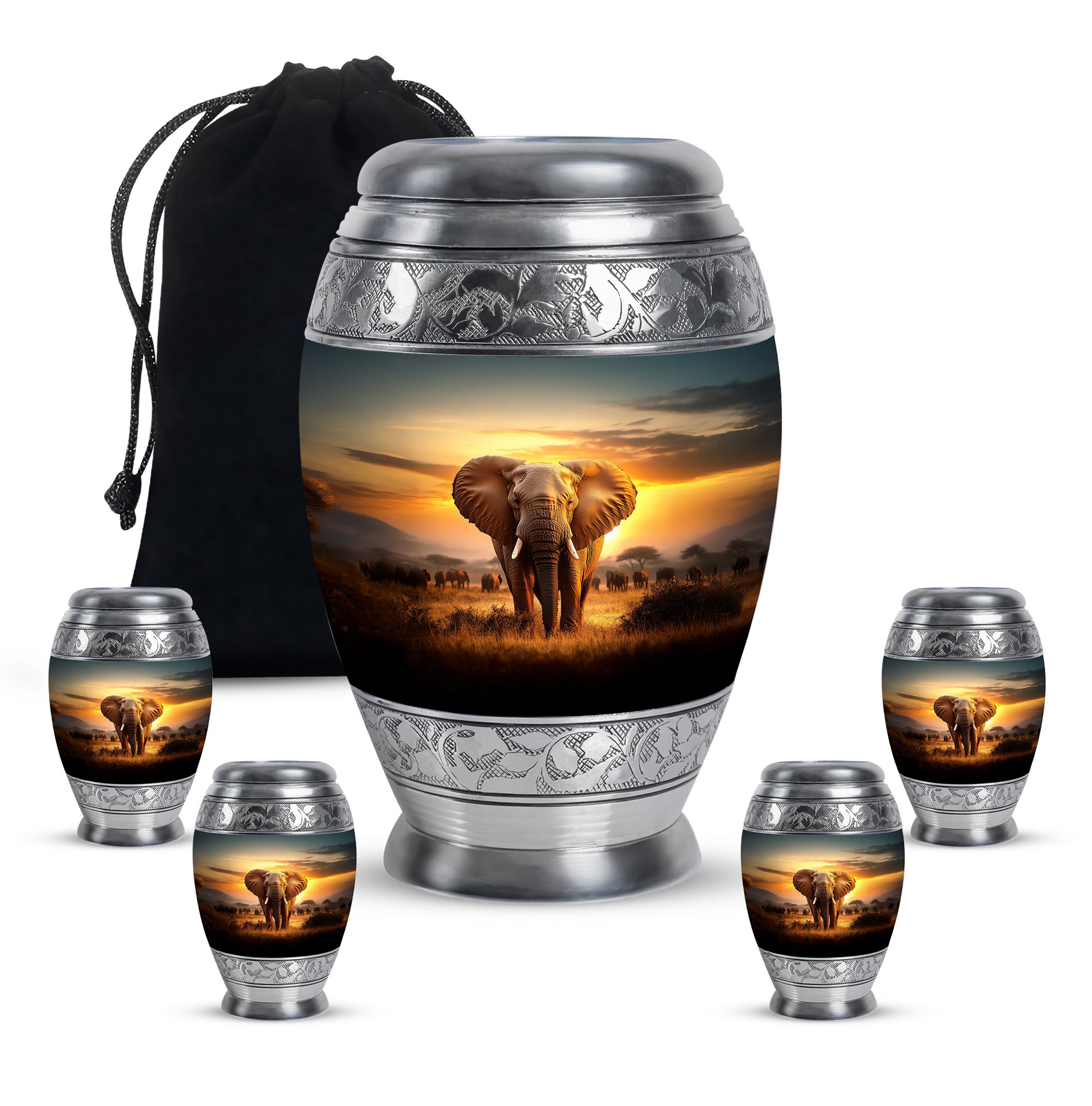 Champagne Gold Elephant Cremation Urn detail view - regal elephant design with crown-inspired accents - memorial set with one large and four small urns