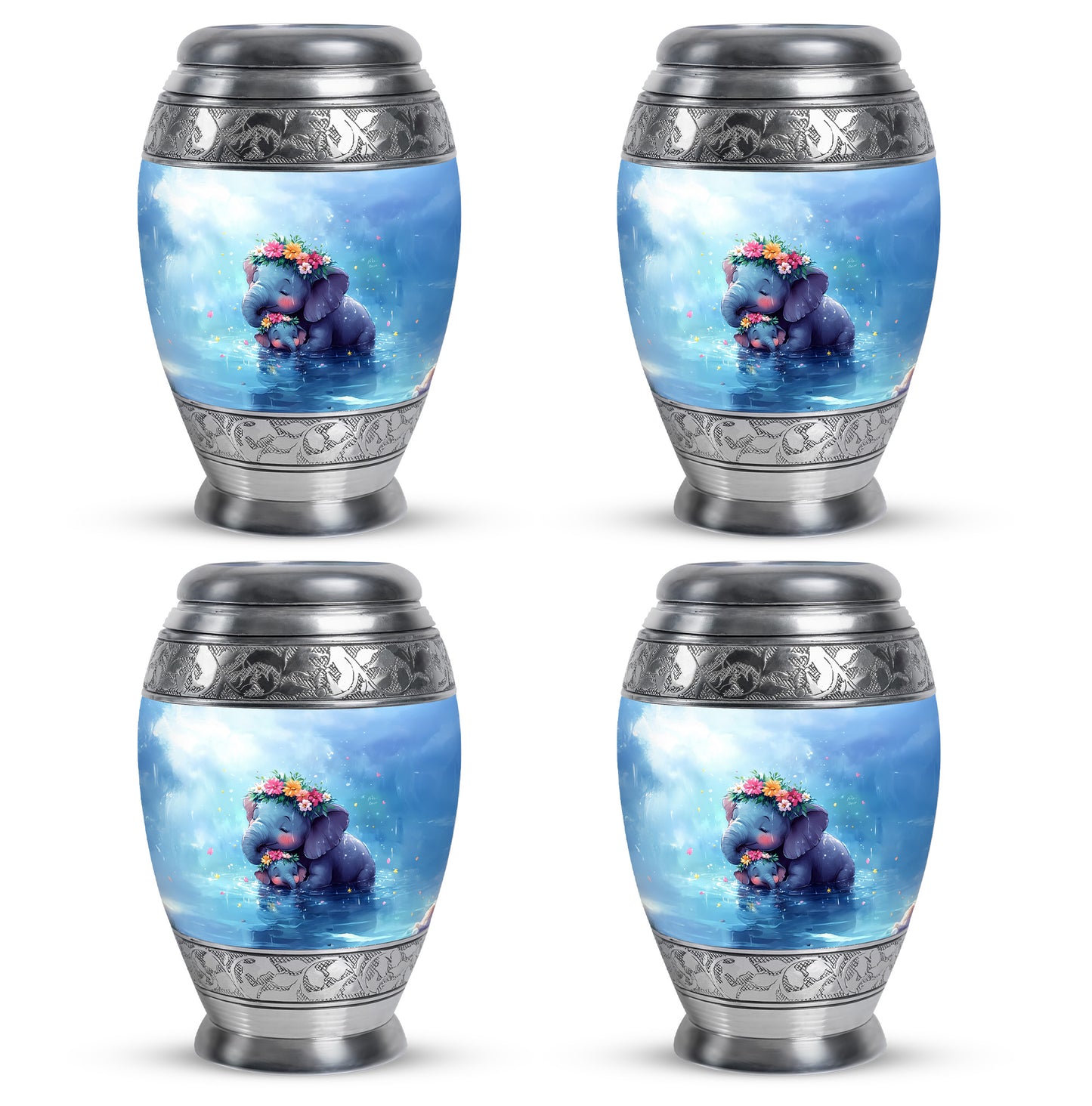 Royal Blue Elephant Cremation Urn urn with complimentary velvet bag - majestic elephant pattern with filigree border - 10 inch aluminum urn for cremated remains