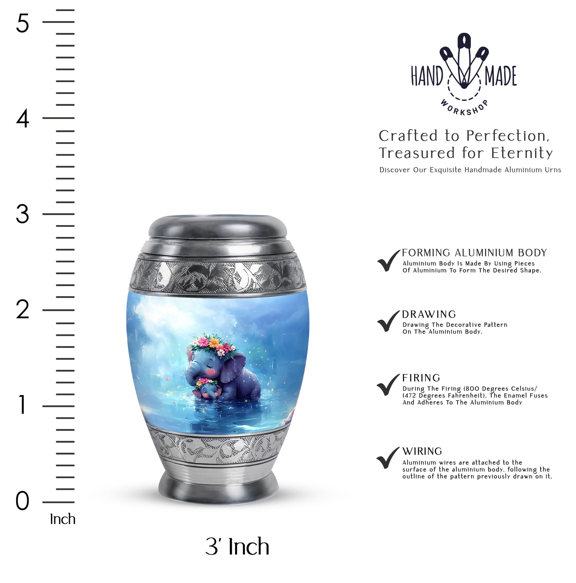 Navy Blue Elephant Cremation Urn lifestyle display on memorial shelf - ornate monarch-style elephant relief on brushed aluminum - mini keepsake memorial for portion of cremation ashes