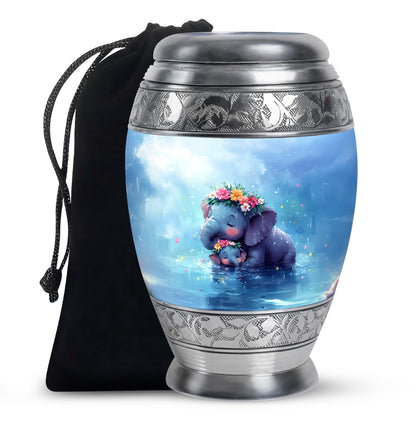Sky Blue Elephant Cremation Urn back view with polished surface - ornate monarch-style elephant relief on brushed aluminum - full-size 10 inch 200 cubic inch adult cremation urn