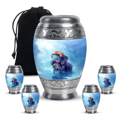 Navy Blue Elephant Cremation Urn detail view - ornate monarch-style elephant relief on brushed aluminum - memorial set with one large and four small urns