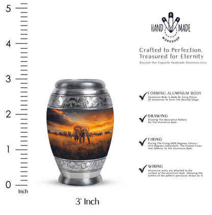 Sapphire Blue Elephant Cremation Urn lifestyle display on memorial shelf - majestic elephant pattern with filigree border - mini keepsake memorial for portion of cremation ashes