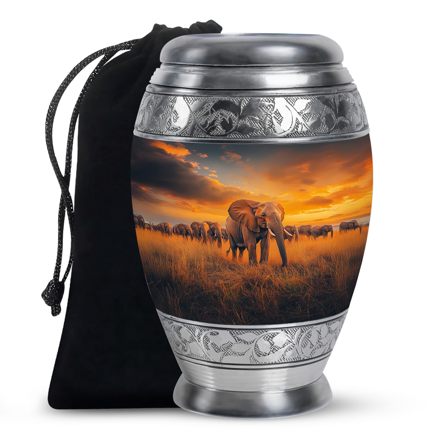 Azure Elephant Cremation Urn back view with polished surface - regal elephant design with crown-inspired accents - full-size 10 inch 200 cubic inch adult cremation urn