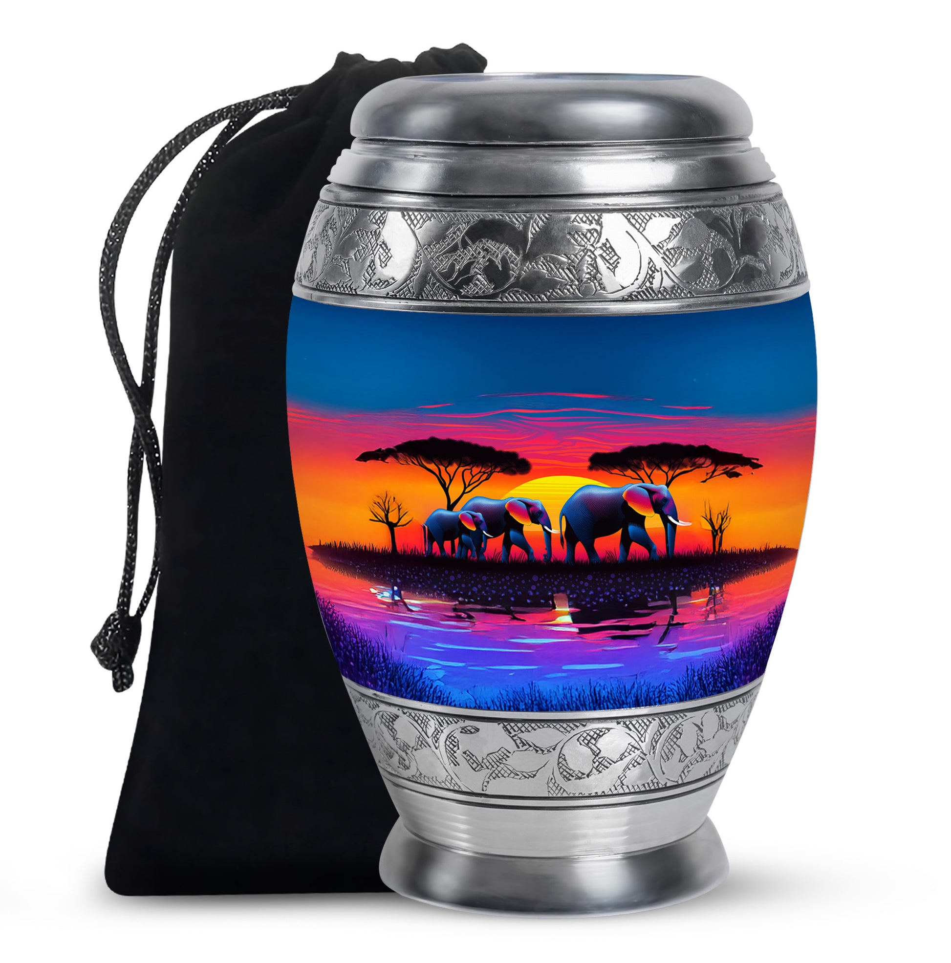 Azure Elephant Cremation Urn back view with polished surface - ornate monarch-style elephant relief on brushed aluminum - full-size 10 inch 200 cubic inch adult cremation urn