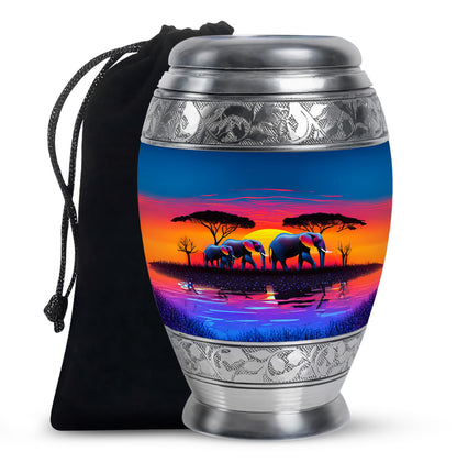 Azure Elephant Cremation Urn back view with polished surface - ornate monarch-style elephant relief on brushed aluminum - full-size 10 inch 200 cubic inch adult cremation urn