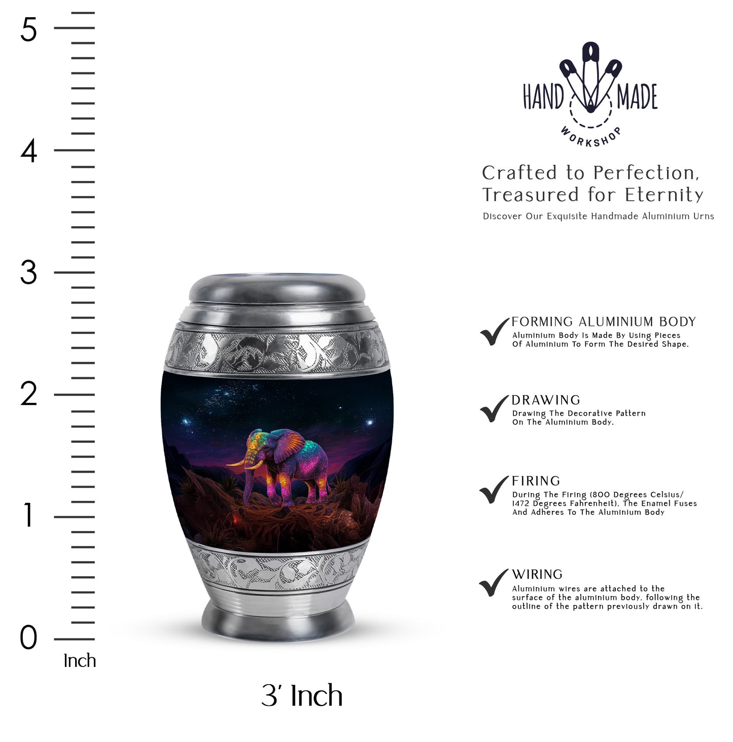 Deep Black Elephant Cremation Urn lifestyle display on memorial shelf - ornate monarch-style elephant relief on brushed aluminum - mini keepsake memorial for portion of cremation ashes