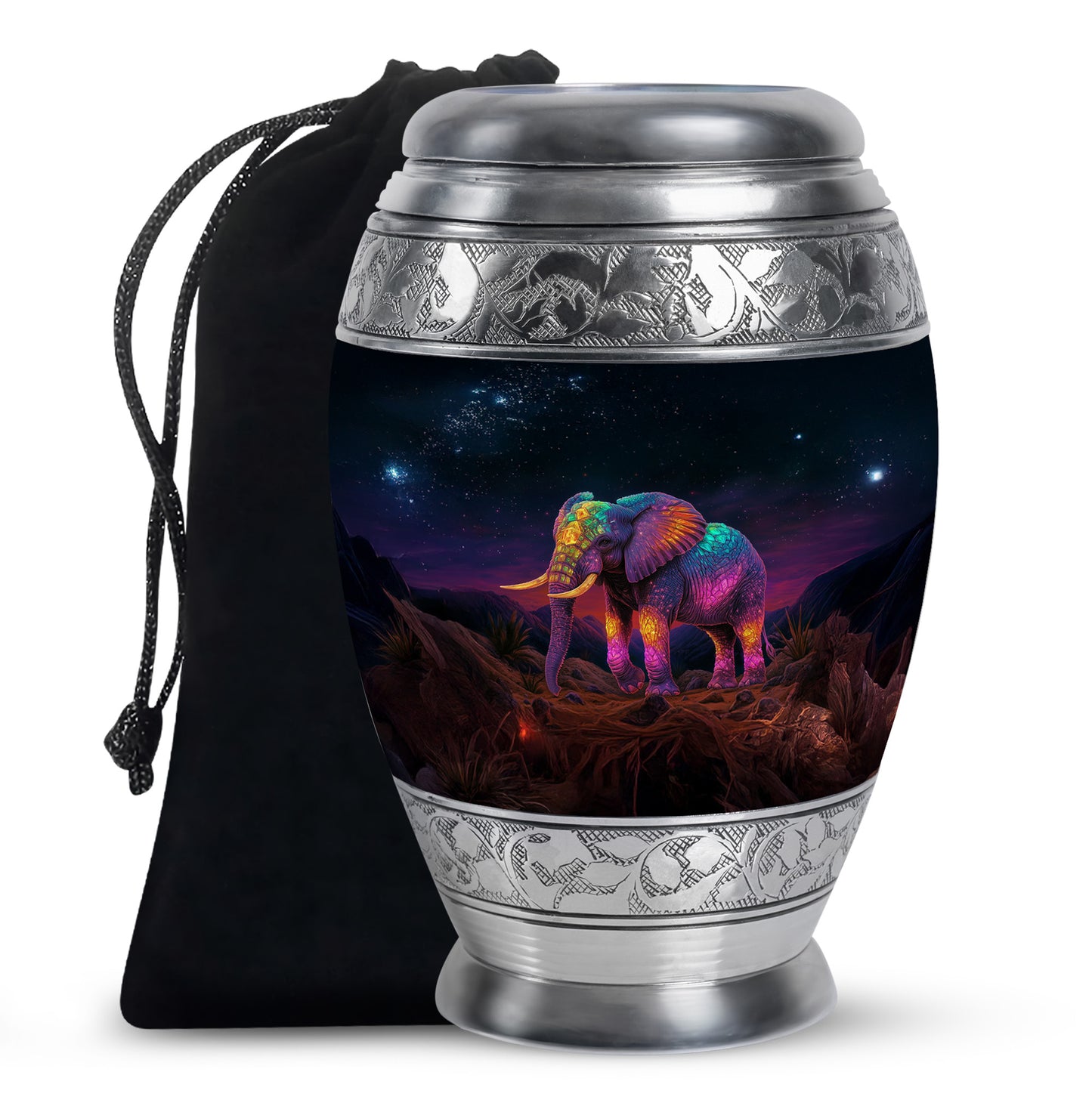 Dark Black Elephant Cremation Urn back view with polished surface - majestic elephant pattern with filigree border - full-size 10 inch 200 cubic inch adult cremation urn
