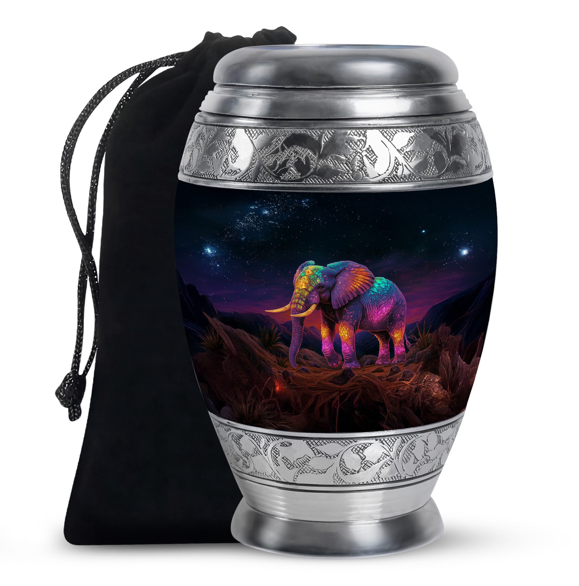 Dark Black Elephant Cremation Urn back view with polished surface - majestic elephant pattern with filigree border - full-size 10 inch 200 cubic inch adult cremation urn