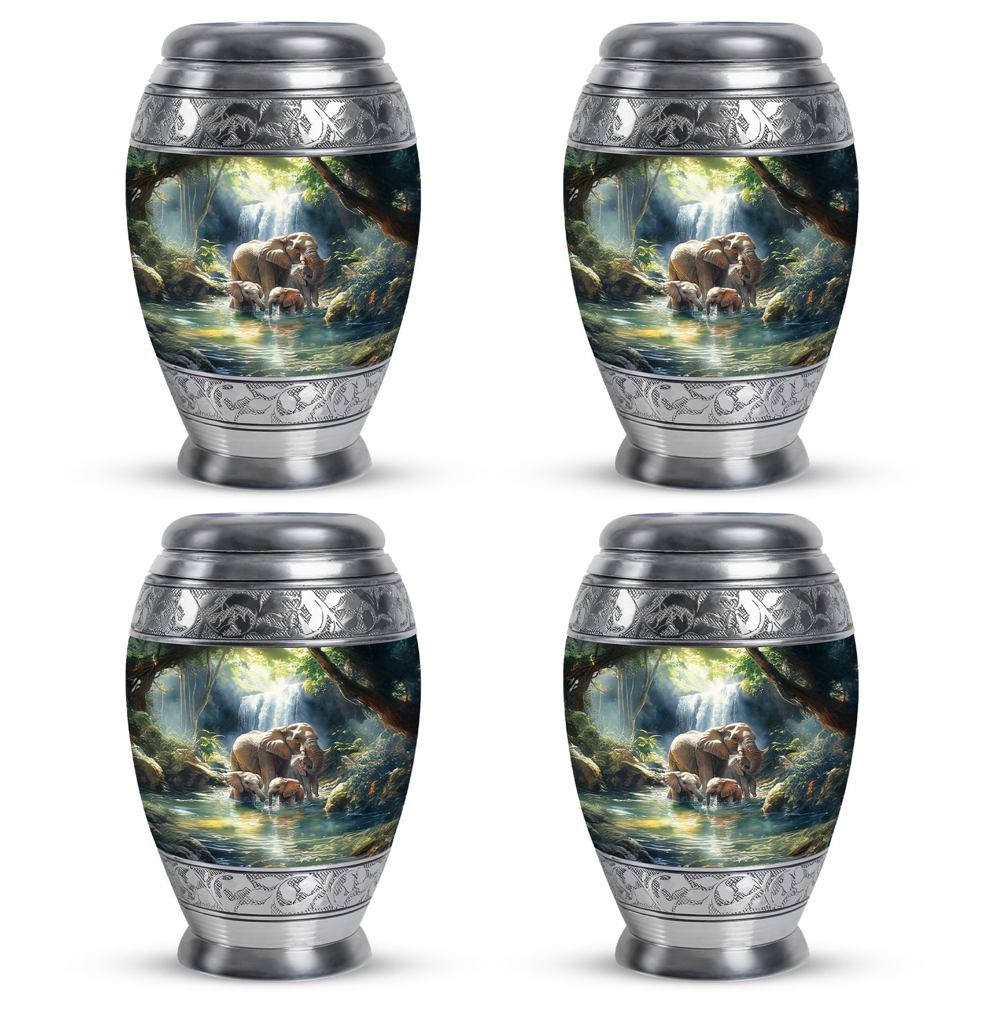 Calming Blue Elephant Cremation Urn urn with complimentary velvet bag - majestic elephant pattern with filigree border - 10 inch aluminum urn for cremated remains