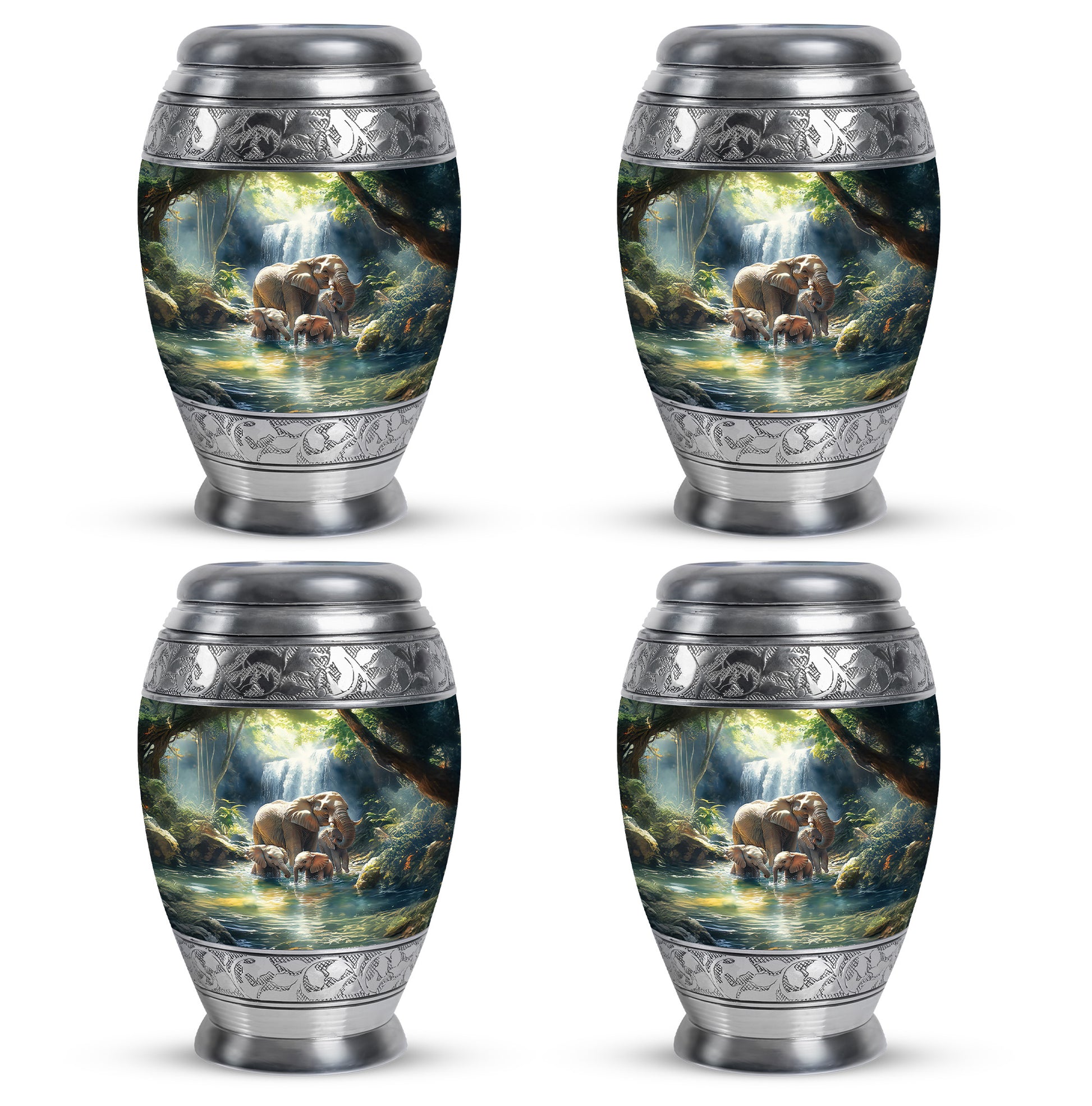 Calming Blue Elephant Cremation Urn urn with complimentary velvet bag - majestic elephant pattern with filigree border - 10 inch aluminum urn for cremated remains