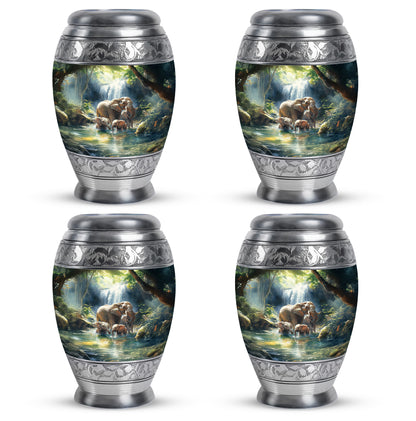 Calming Blue Elephant Cremation Urn urn with complimentary velvet bag - majestic elephant pattern with filigree border - 10 inch aluminum urn for cremated remains