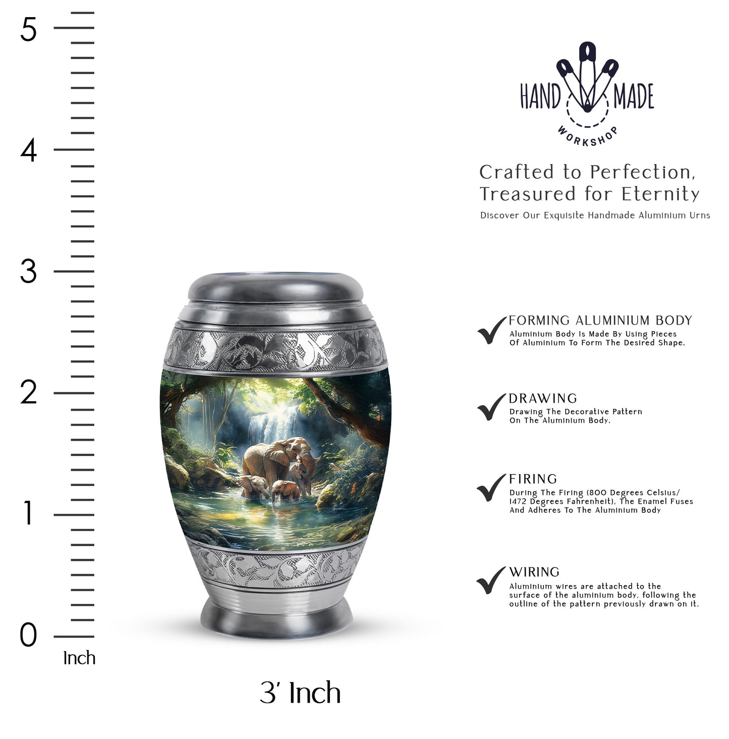 Vivid Blue Elephant Cremation Urn lifestyle display on memorial shelf - royal elephant engraving with decorative scrollwork - mini keepsake memorial for portion of cremation ashes