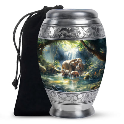 Dusty Blue Elephant Cremation Urn back view with polished surface - ornate monarch-style elephant relief on brushed aluminum - full-size 10 inch 200 cubic inch adult cremation urn