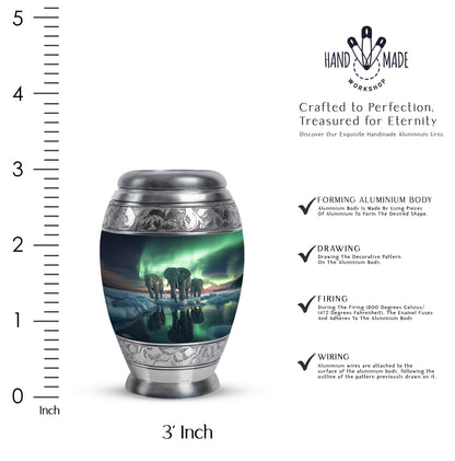 Steel Blue Elephant Cremation Urn lifestyle display on memorial shelf - royal elephant engraving with decorative scrollwork - mini keepsake memorial for portion of cremation ashes