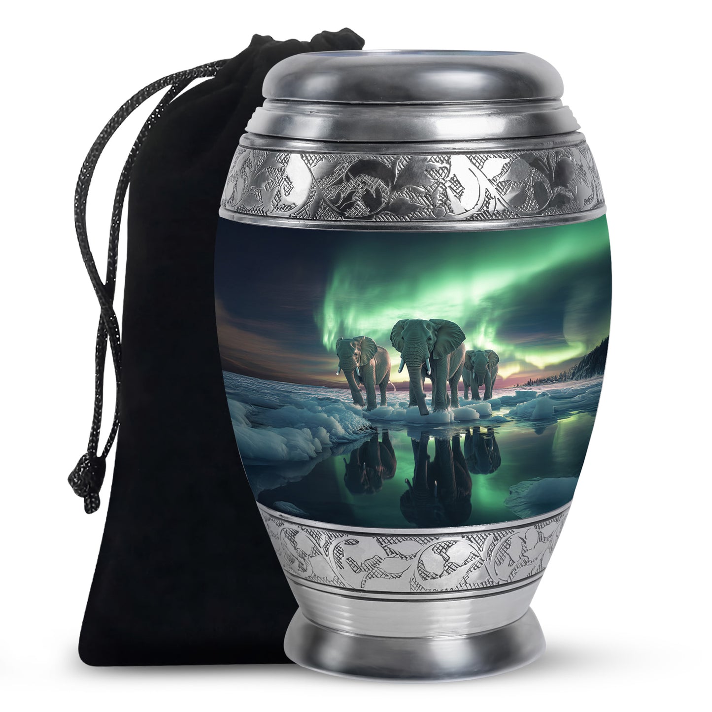 Cornflower Blue Elephant Cremation Urn back view with polished surface - majestic elephant pattern with filigree border - full-size 10 inch 200 cubic inch adult cremation urn