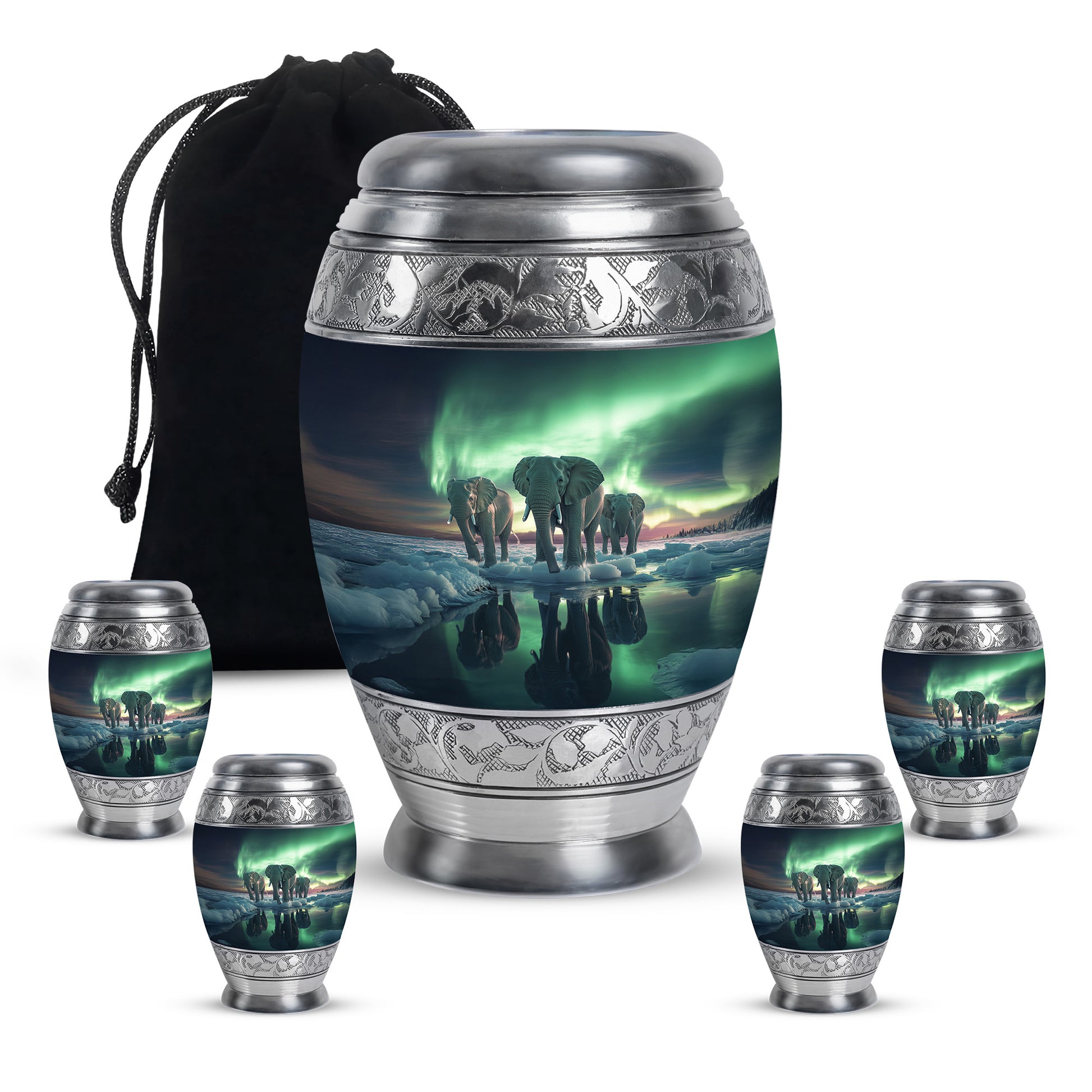 Sapphire Blue Elephant Cremation Urn detail view - majestic elephant pattern with filigree border - memorial set with one large and four small urns