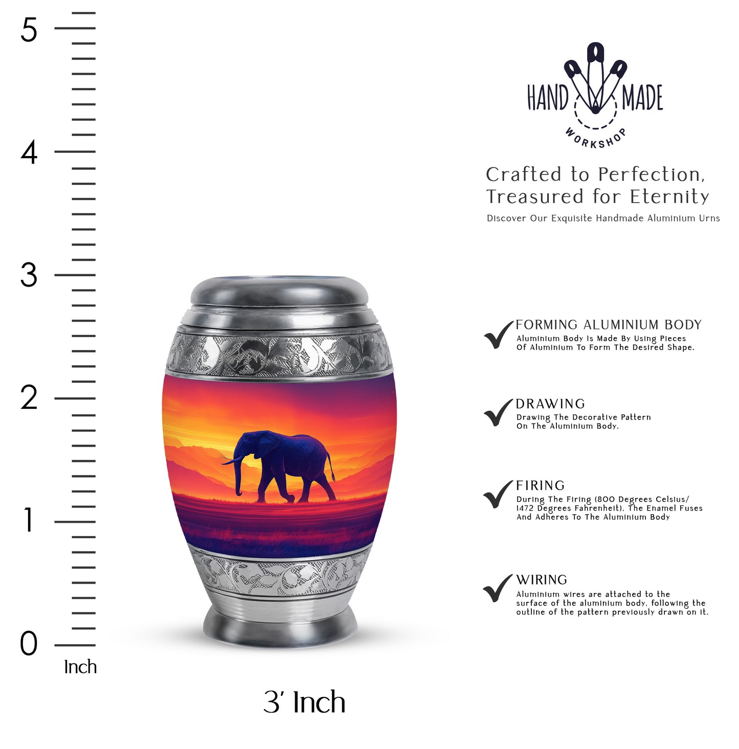 Deep Red Elephant Cremation Urn lifestyle display on memorial shelf - ornate monarch-style elephant relief on brushed aluminum - mini keepsake memorial for portion of cremation ashes