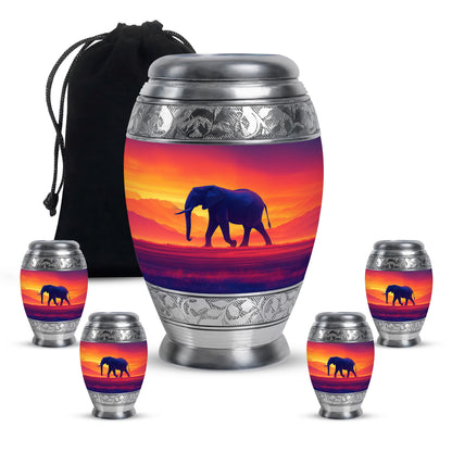 Crimson Red Elephant Cremation Urn detail view - regal elephant design with crown-inspired accents - memorial set with one large and four small urns