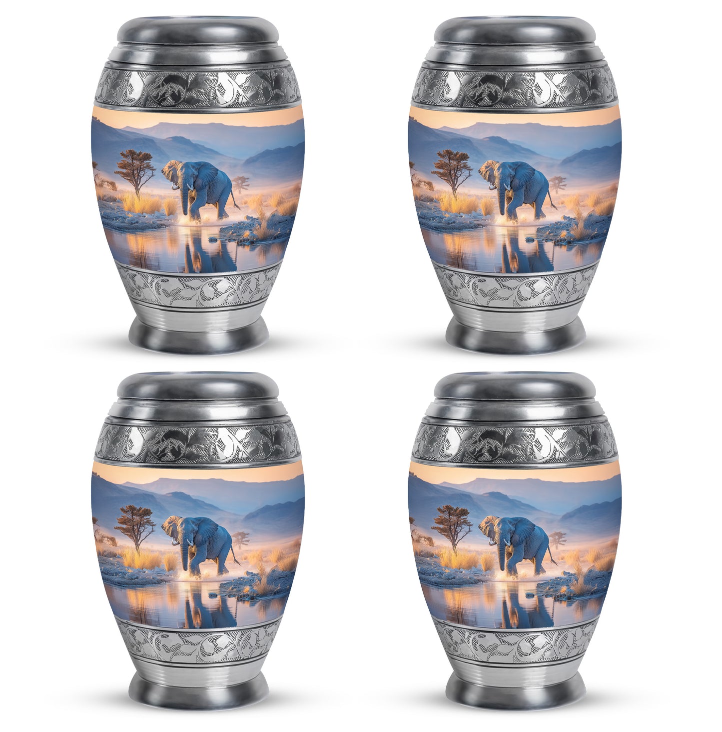Slate Blue Elephant Cremation Urn urn with complimentary velvet bag - ornate monarch-style elephant relief on brushed aluminum - 10 inch aluminum urn for cremated remains