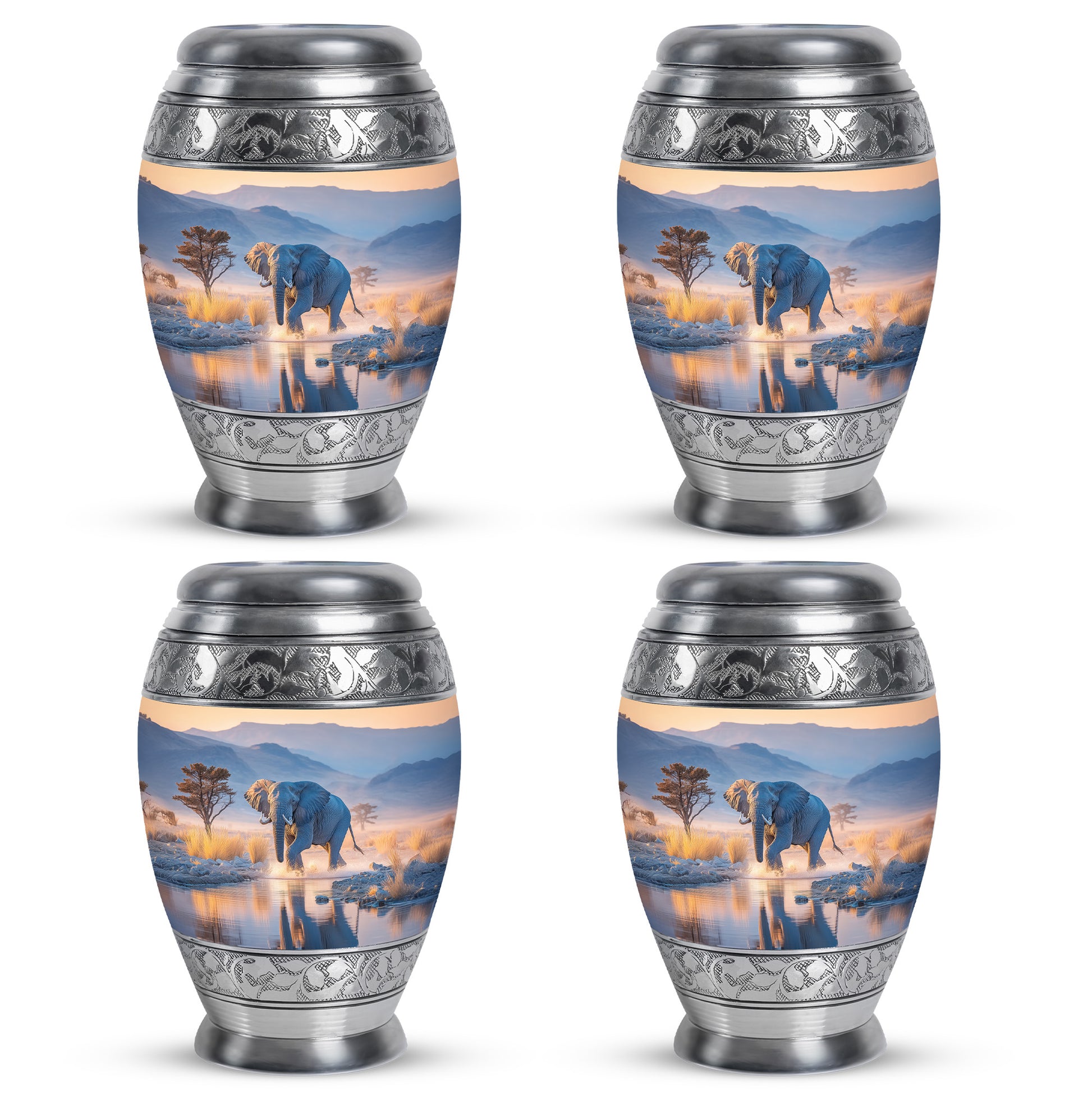 Slate Blue Elephant Cremation Urn urn with complimentary velvet bag - ornate monarch-style elephant relief on brushed aluminum - 10 inch aluminum urn for cremated remains