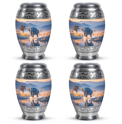 Slate Blue Elephant Cremation Urn urn with complimentary velvet bag - ornate monarch-style elephant relief on brushed aluminum - 10 inch aluminum urn for cremated remains