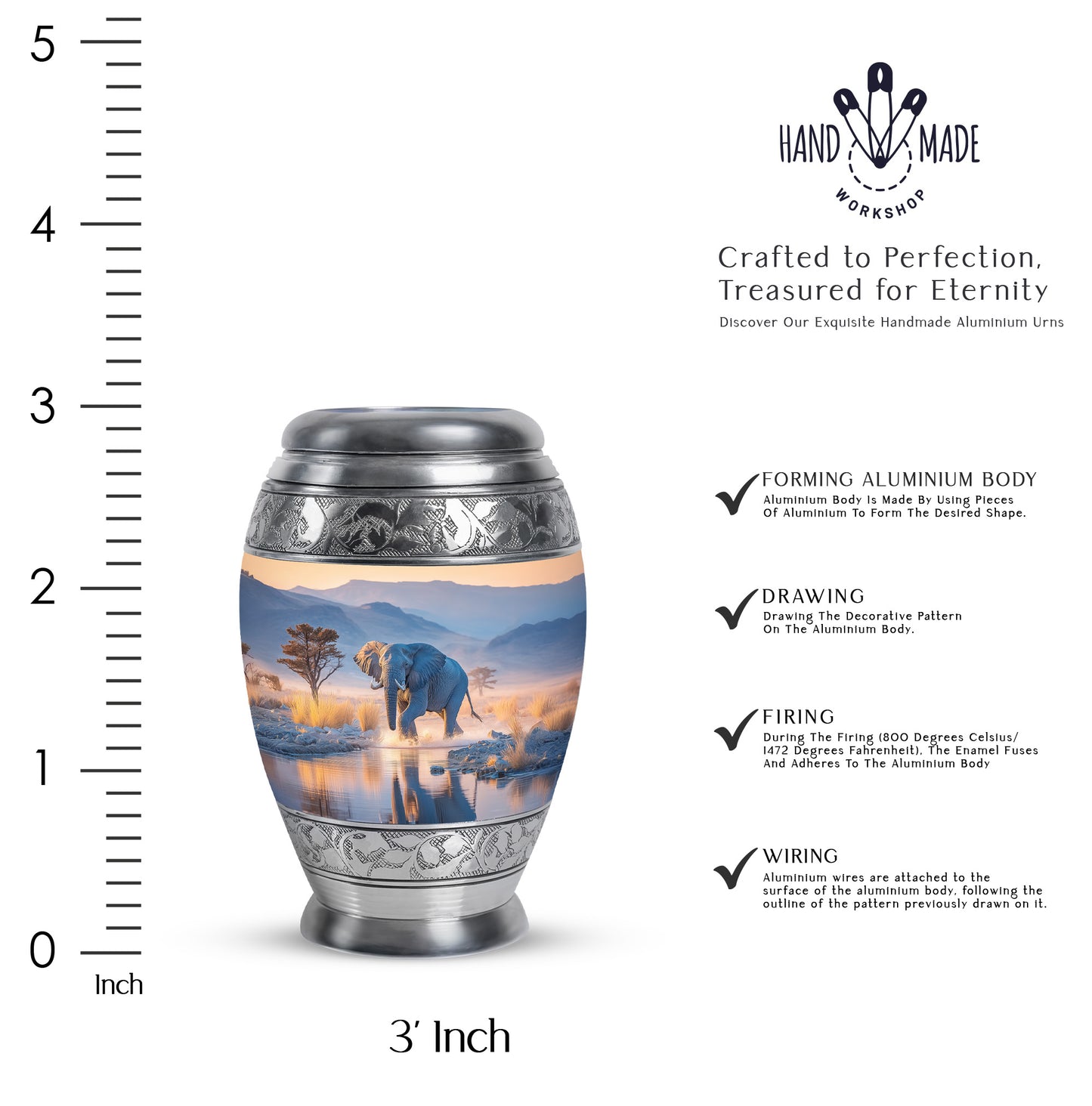 Dusty Blue Elephant Cremation Urn lifestyle display on memorial shelf - ornate monarch-style elephant relief on brushed aluminum - mini keepsake memorial for portion of cremation ashes