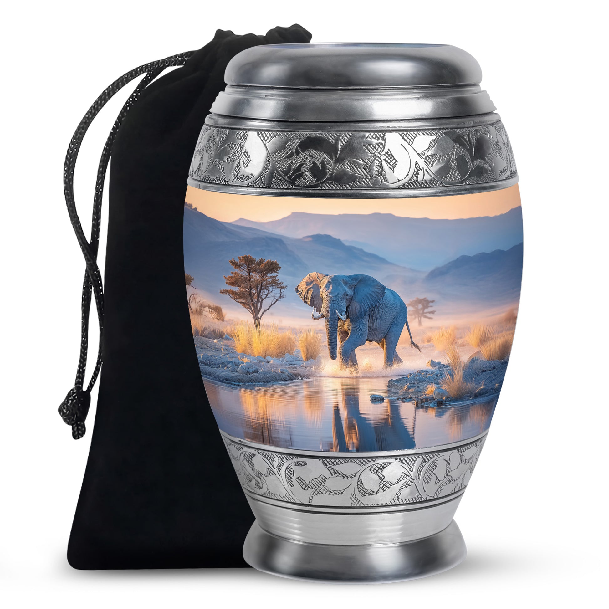 Celestial Blue Elephant Cremation Urn back view with polished surface - ornate monarch-style elephant relief on brushed aluminum - full-size 10 inch 200 cubic inch adult cremation urn
