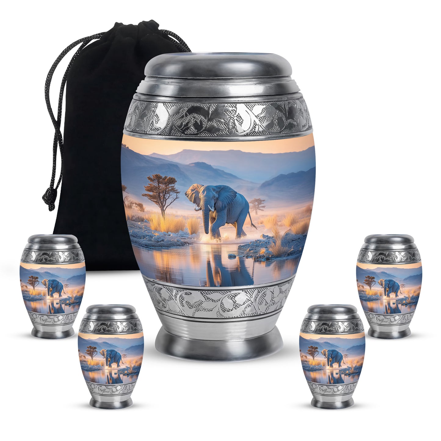 Powder Blue Elephant Cremation Urn detail view - ornate monarch-style elephant relief on brushed aluminum - memorial set with one large and four small urns