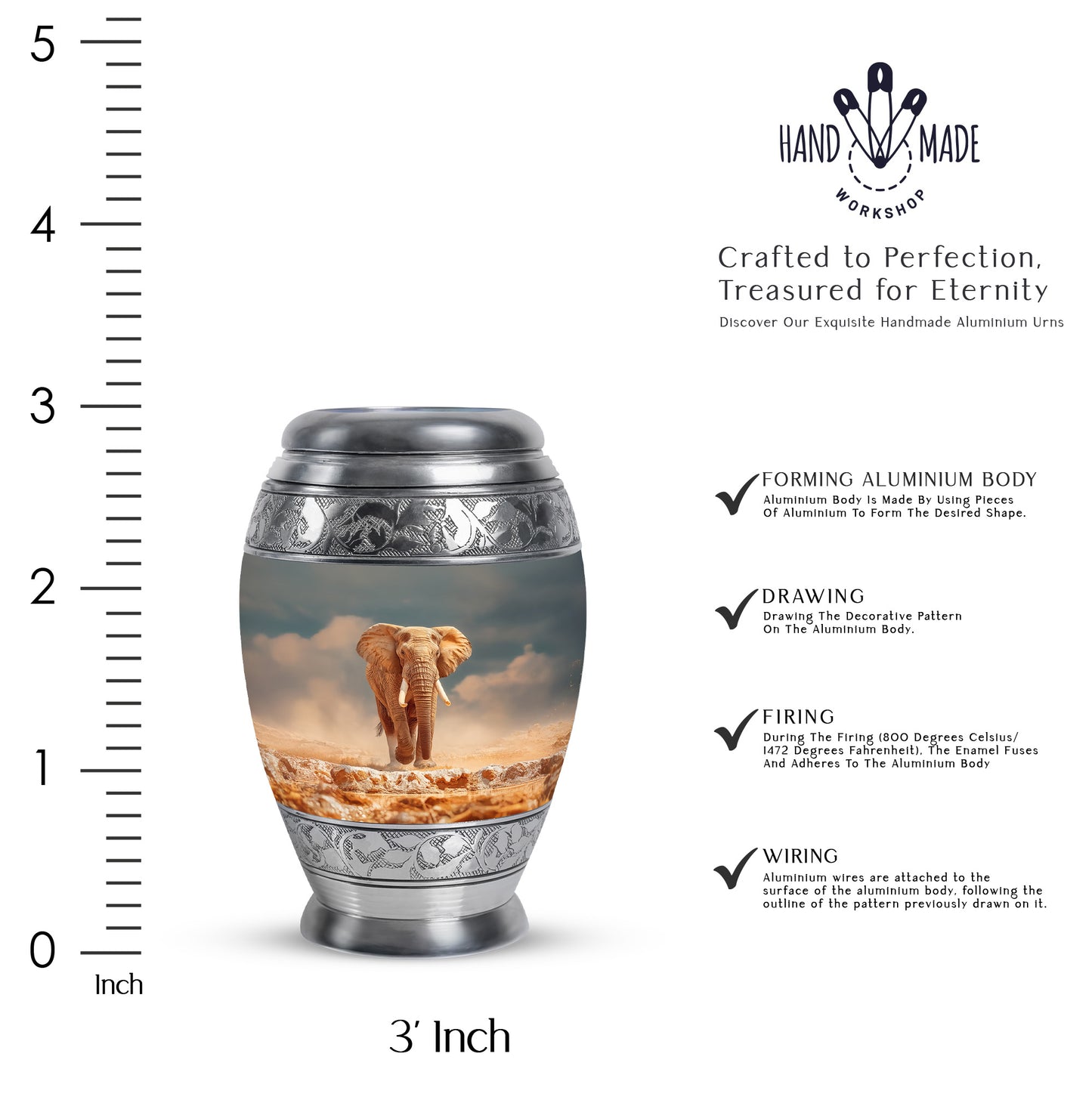 Aqua Teal Elephant Cremation Urn lifestyle display on memorial shelf - royal elephant engraving with decorative scrollwork - mini keepsake memorial for portion of cremation ashes