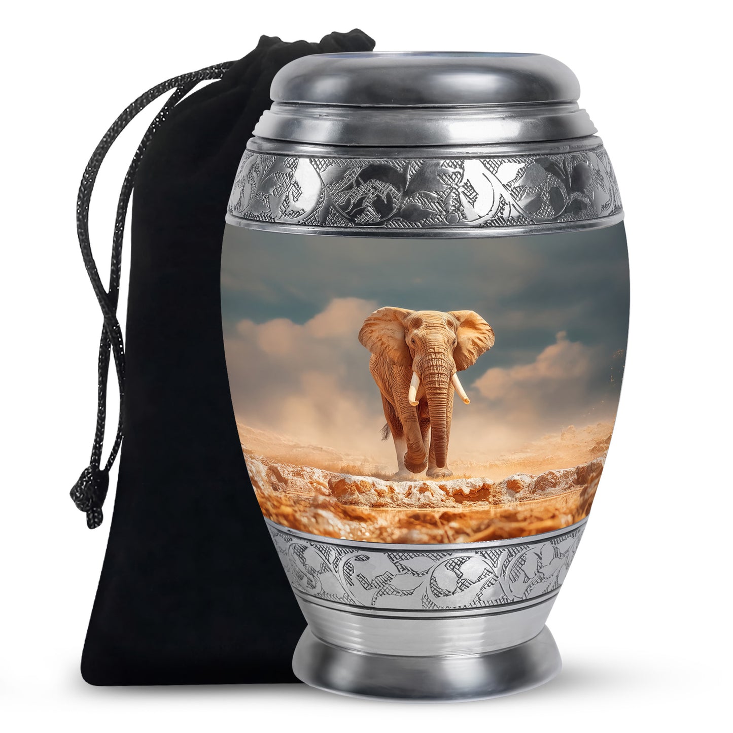Mystic Teal Elephant Cremation Urn back view with polished surface - royal elephant engraving with decorative scrollwork - full-size 10 inch 200 cubic inch adult cremation urn