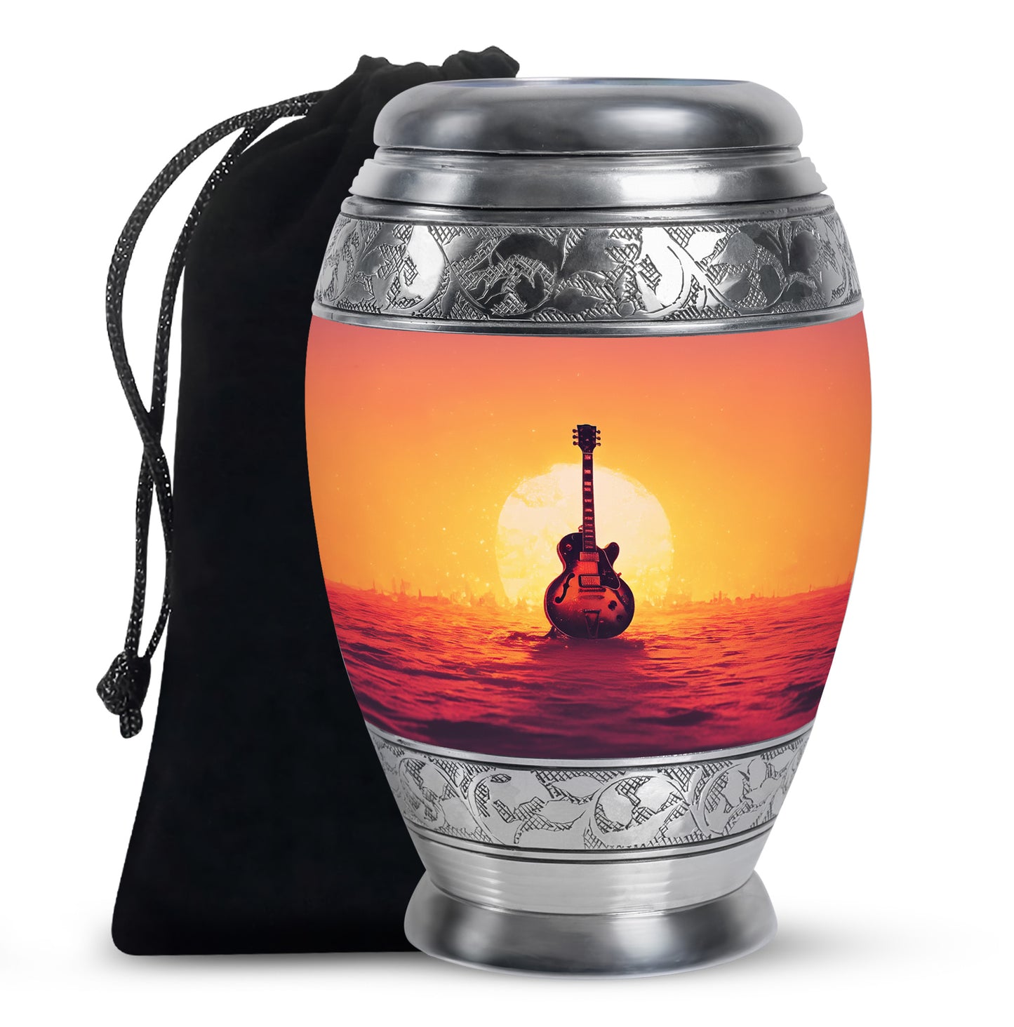 Ruby Red Guitar Cremation Urn back view with polished surface - royal guitar engraving with decorative scrollwork - full-size 10 inch 200 cubic inch adult cremation urn