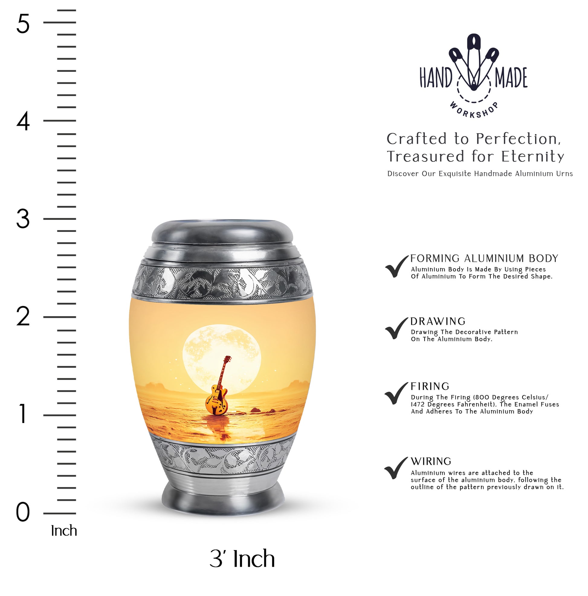 Royal Gold Guitar Cremation Urn lifestyle display on memorial shelf - royal guitar engraving with decorative scrollwork - mini keepsake memorial for portion of cremation ashes