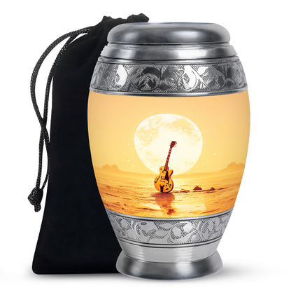 Sunrise Gold Guitar Cremation Urn back view with polished surface - ornate monarch-style guitar relief on brushed aluminum - full-size 10 inch 200 cubic inch adult cremation urn