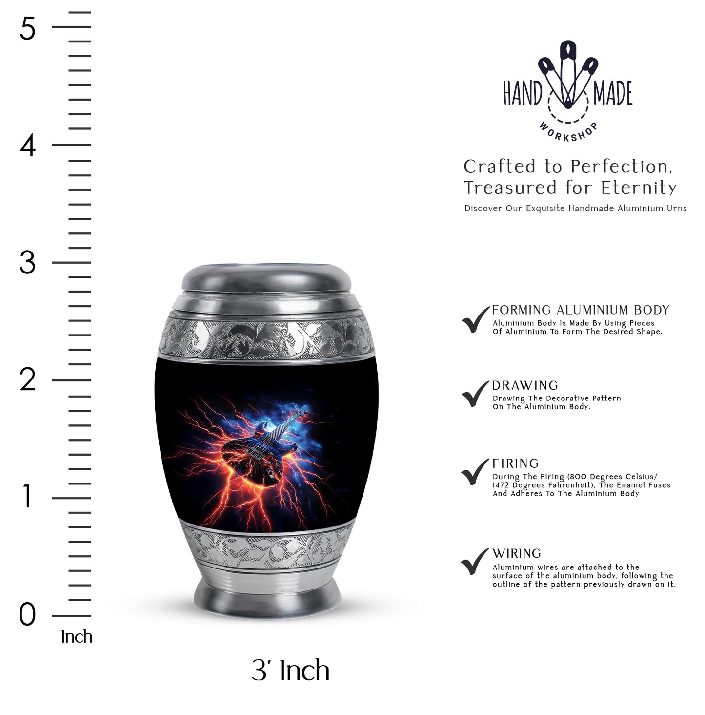 Onyx Black Guitar Cremation Urn lifestyle display on memorial shelf - royal guitar engraving with decorative scrollwork - mini keepsake memorial for portion of cremation ashes