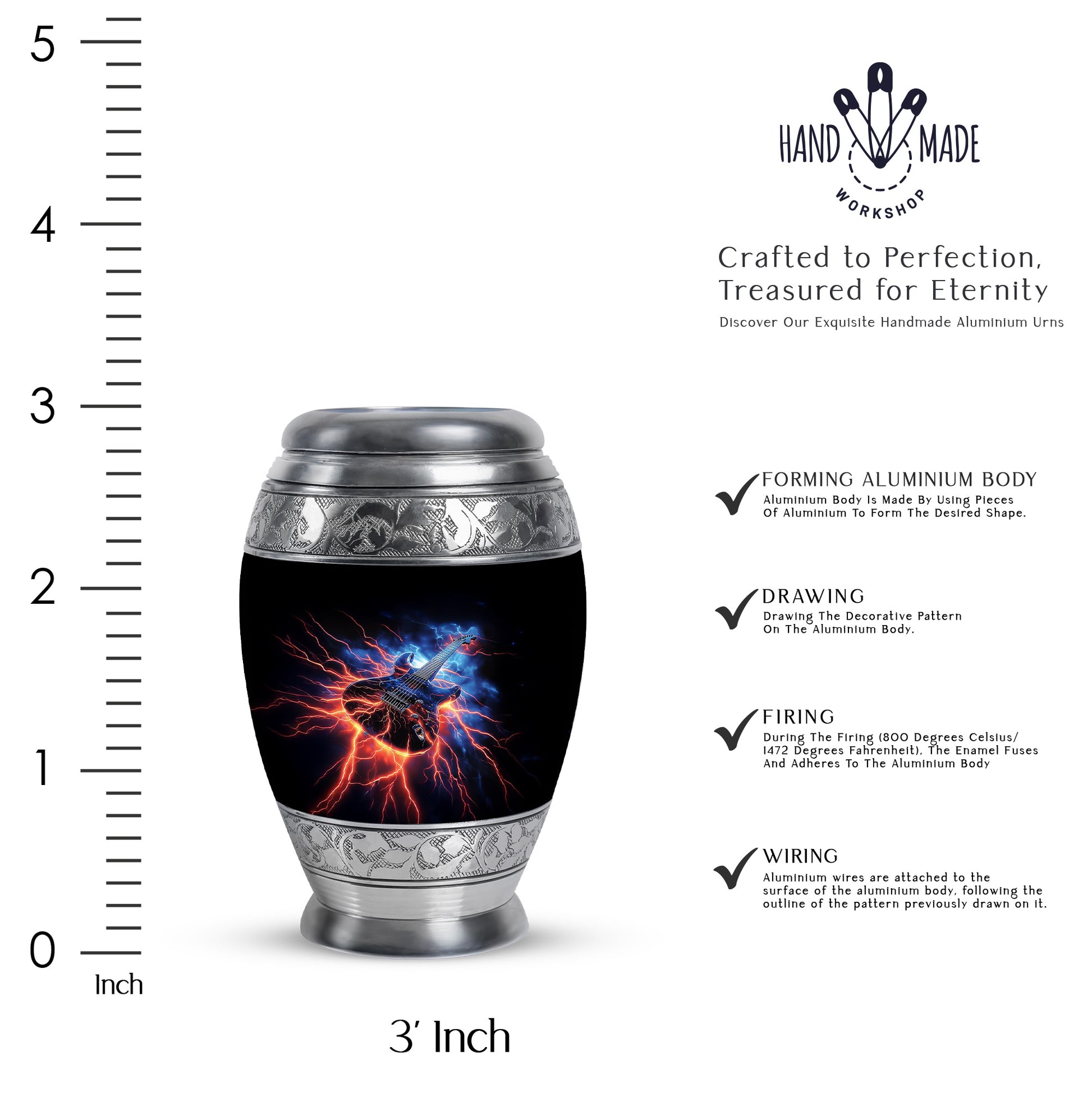 Onyx Black Guitar Cremation Urn lifestyle display on memorial shelf - royal guitar engraving with decorative scrollwork - mini keepsake memorial for portion of cremation ashes