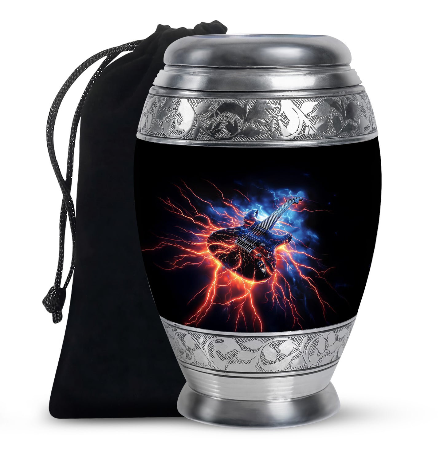 Jet Black Guitar Cremation Urn back view with polished surface - regal guitar design with crown-inspired accents - full-size 10 inch 200 cubic inch adult cremation urn