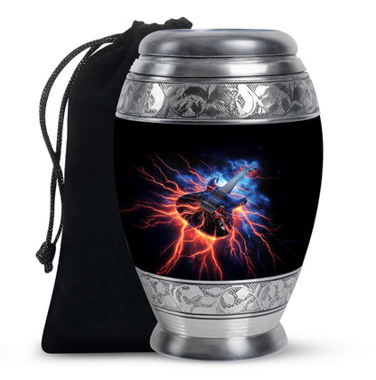Jet Black Guitar Cremation Urn back view with polished surface - regal guitar design with crown-inspired accents - full-size 10 inch 200 cubic inch adult cremation urn