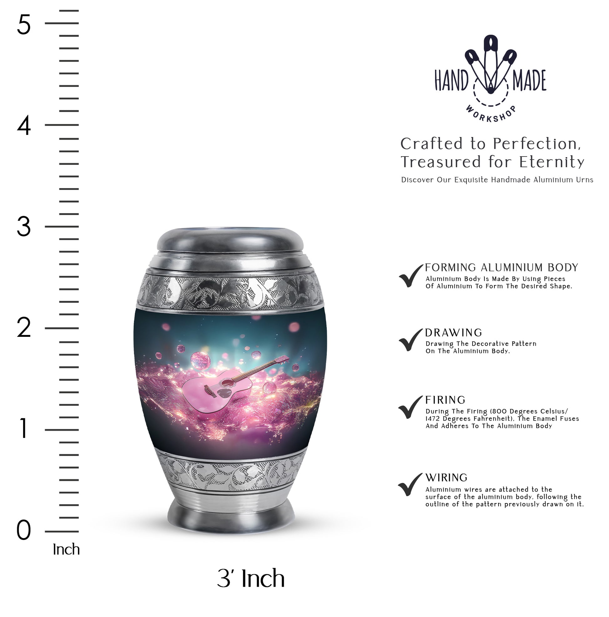 Sapphire Blue Guitar Cremation Urn lifestyle display on memorial shelf - royal guitar engraving with decorative scrollwork - mini keepsake memorial for portion of cremation ashes
