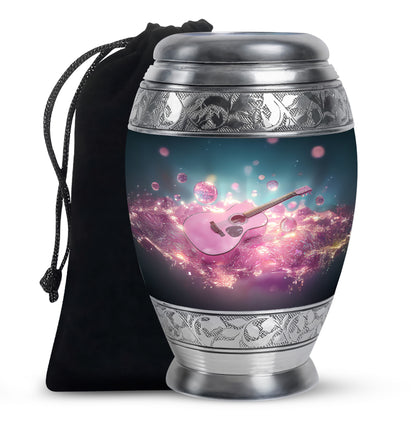 Steel Blue Guitar Cremation Urn back view with polished surface - majestic guitar pattern with filigree border - full-size 10 inch 200 cubic inch adult cremation urn