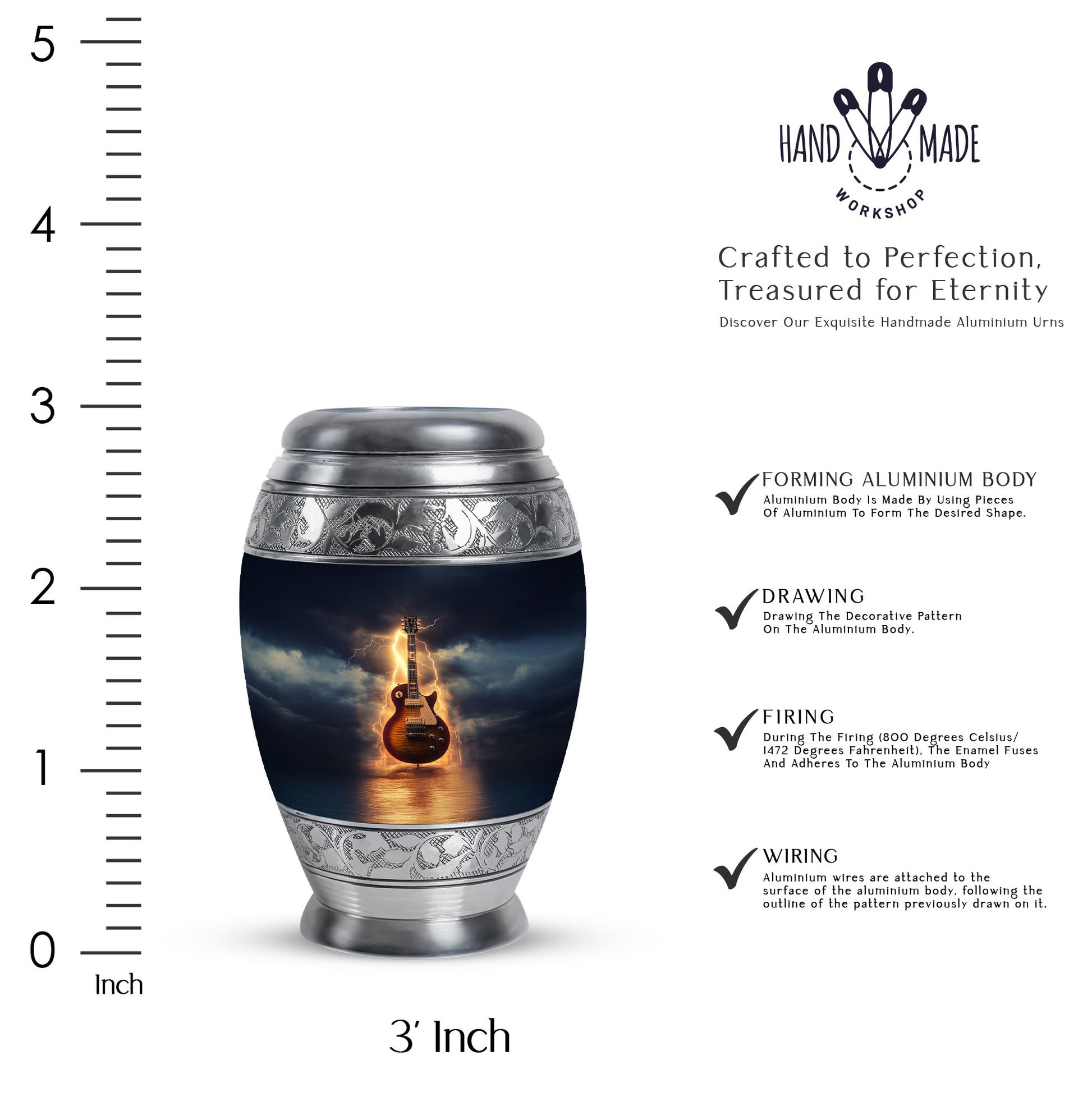 Dusty Blue Guitar Cremation Urn lifestyle display on memorial shelf - regal guitar design with crown-inspired accents - mini keepsake memorial for portion of cremation ashes