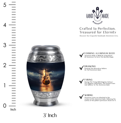 Dusty Blue Guitar Cremation Urn lifestyle display on memorial shelf - regal guitar design with crown-inspired accents - mini keepsake memorial for portion of cremation ashes