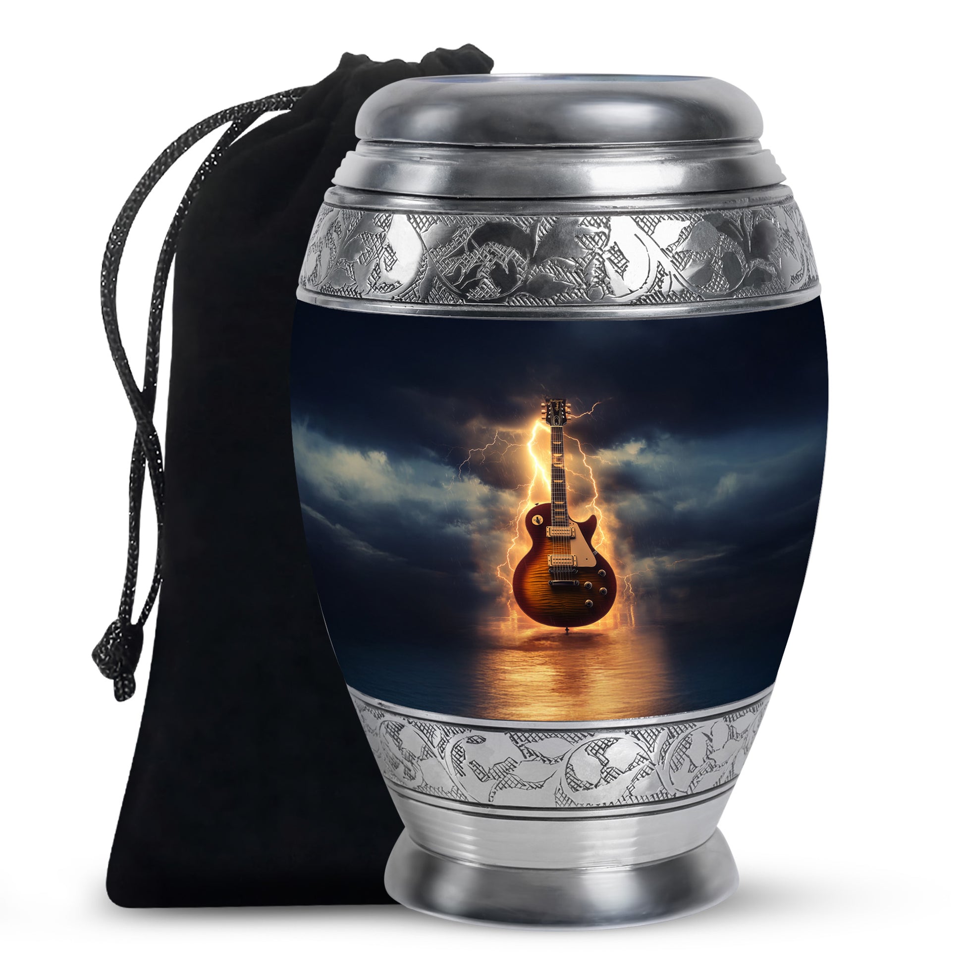Pastel Blue Guitar Cremation Urn back view with polished surface - regal guitar design with crown-inspired accents - full-size 10 inch 200 cubic inch adult cremation urn