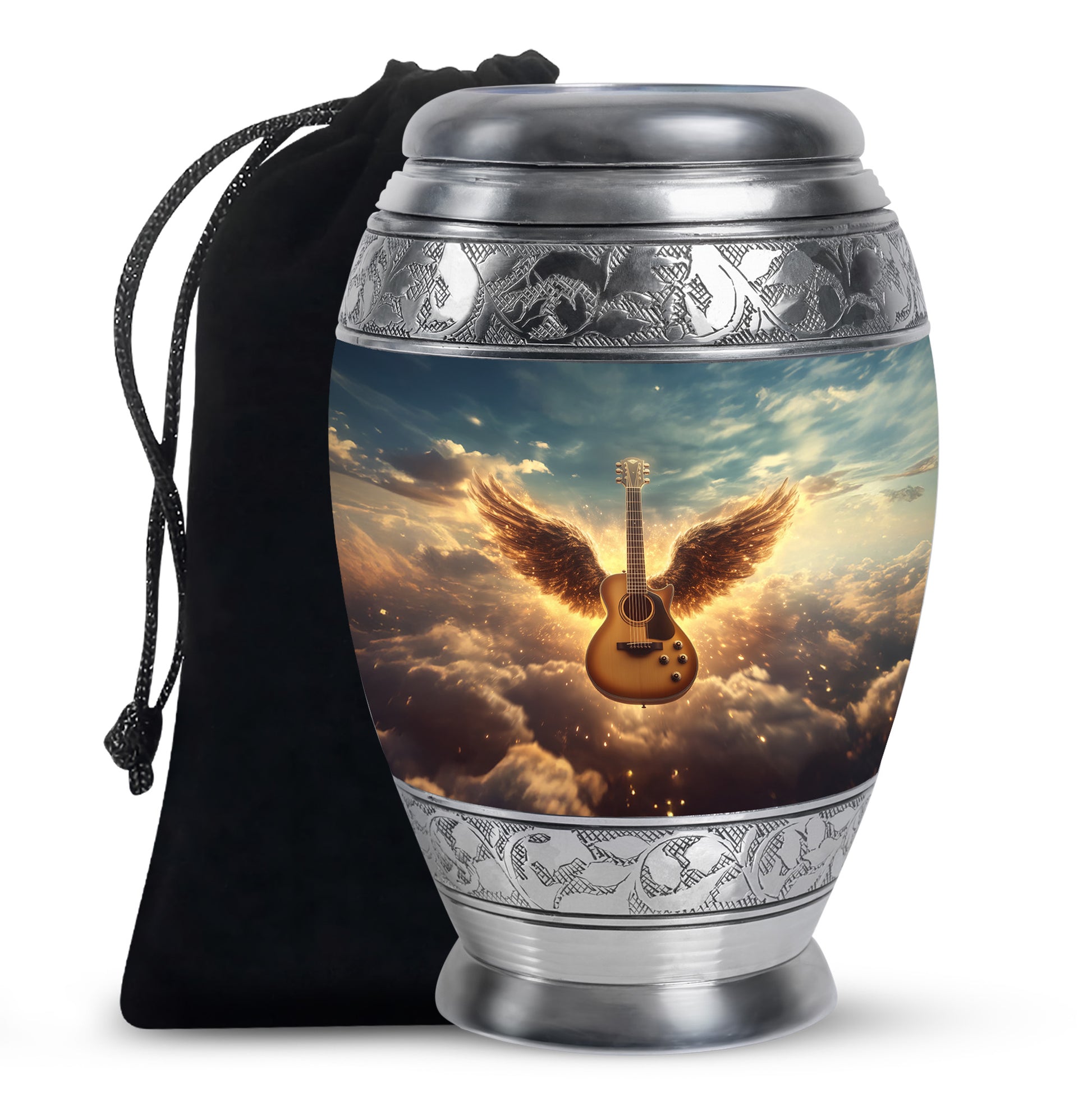 Calming Blue Guitar Cremation Urn back view with polished surface - majestic guitar pattern with filigree border - full-size 10 inch 200 cubic inch adult cremation urn