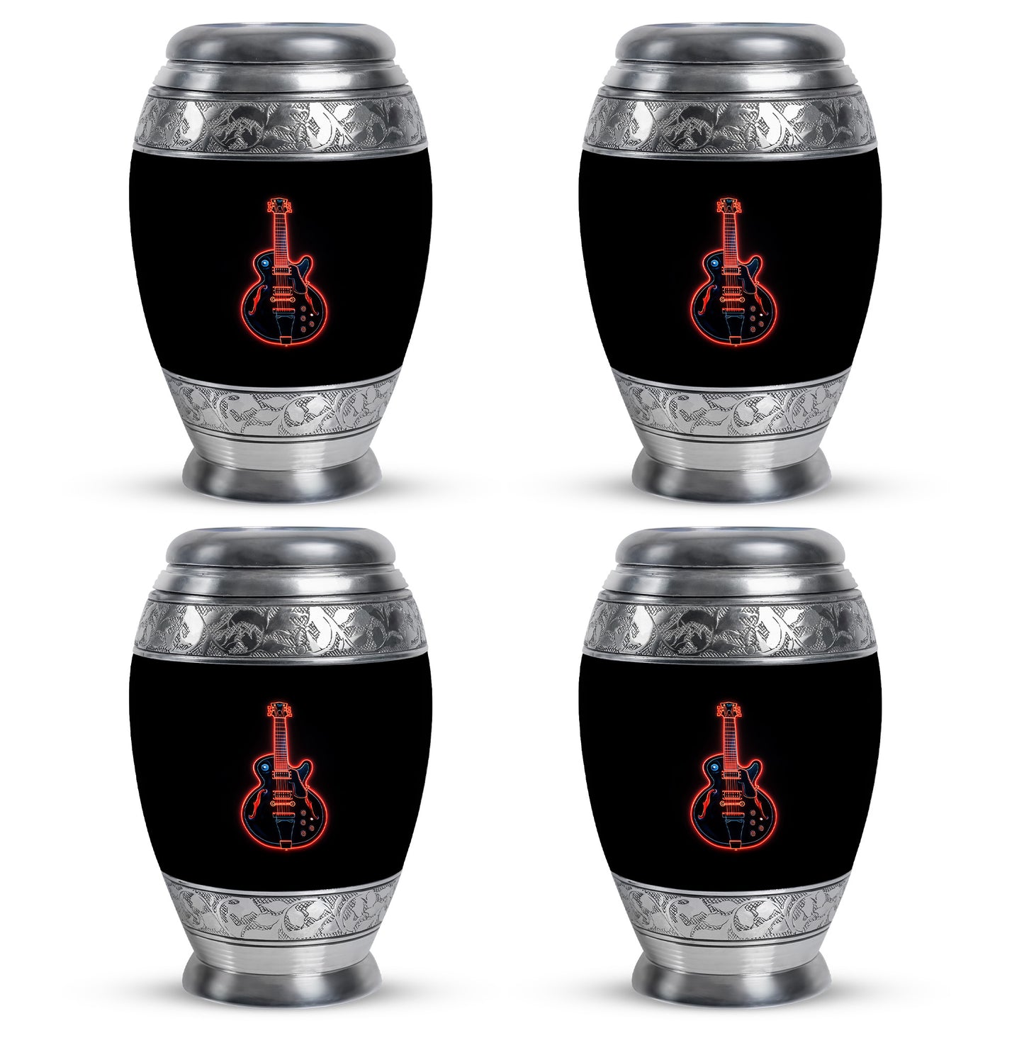 Onyx Black Guitar Cremation Urn urn with complimentary velvet bag - royal guitar engraving with decorative scrollwork - 10 inch aluminum urn for cremated remains