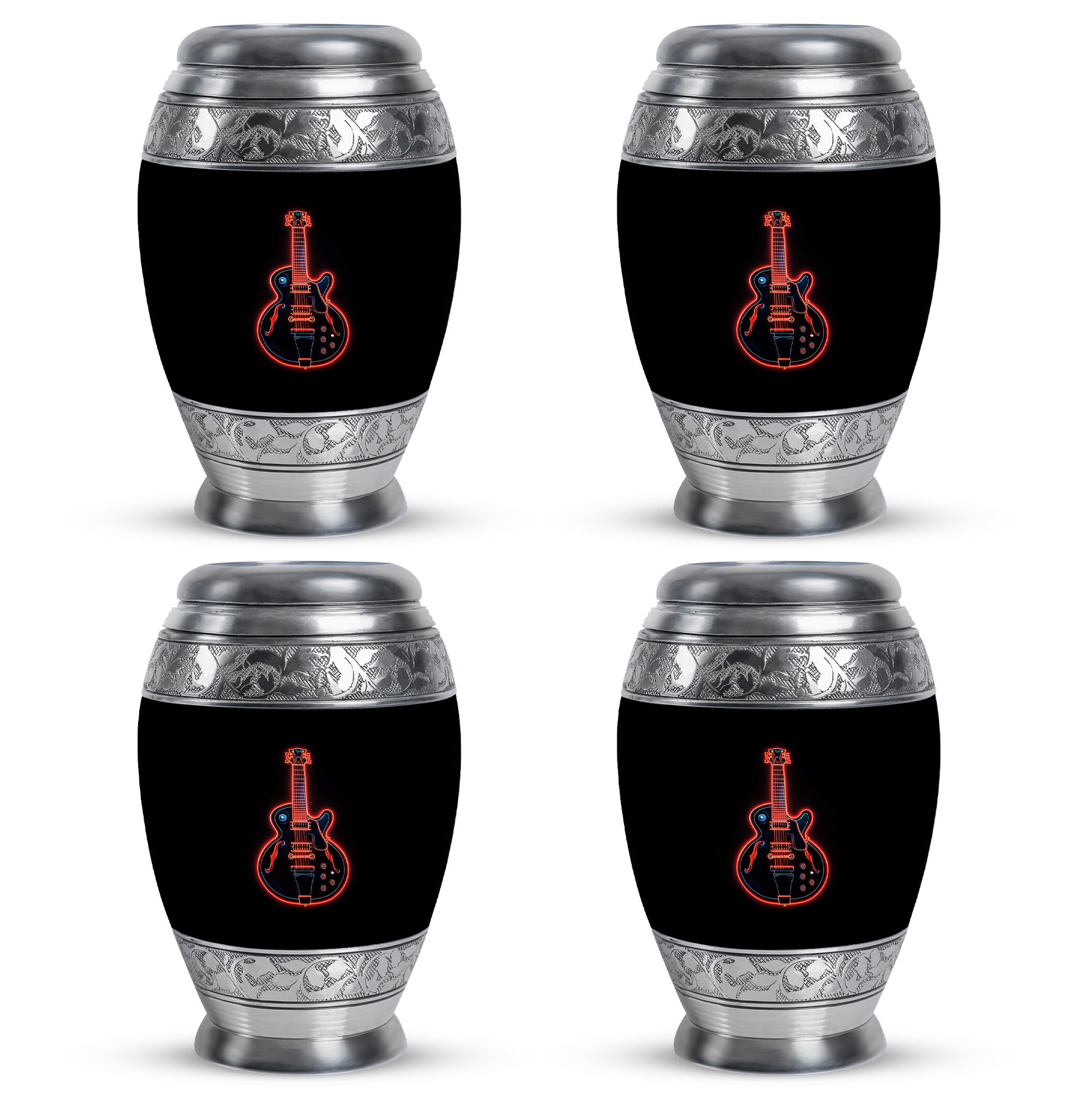Onyx Black Guitar Cremation Urn urn with complimentary velvet bag - royal guitar engraving with decorative scrollwork - 10 inch aluminum urn for cremated remains