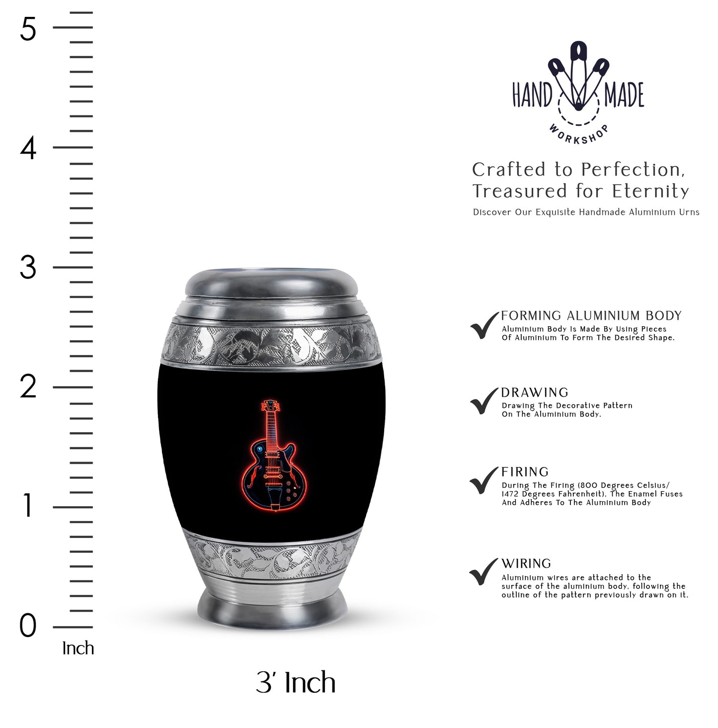 Jet Black Guitar Cremation Urn lifestyle display on memorial shelf - ornate monarch-style guitar relief on brushed aluminum - mini keepsake memorial for portion of cremation ashes