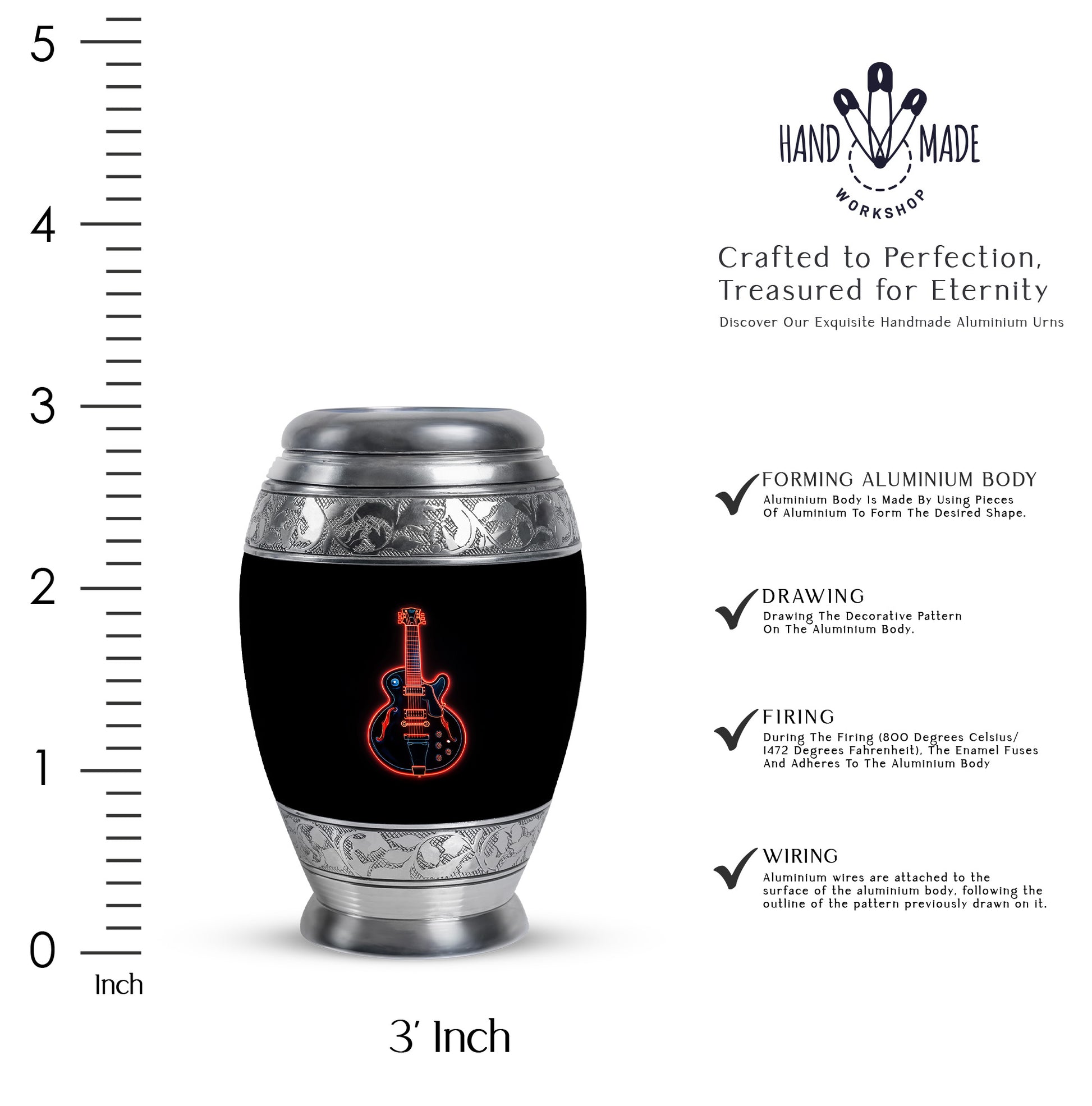 Jet Black Guitar Cremation Urn lifestyle display on memorial shelf - ornate monarch-style guitar relief on brushed aluminum - mini keepsake memorial for portion of cremation ashes