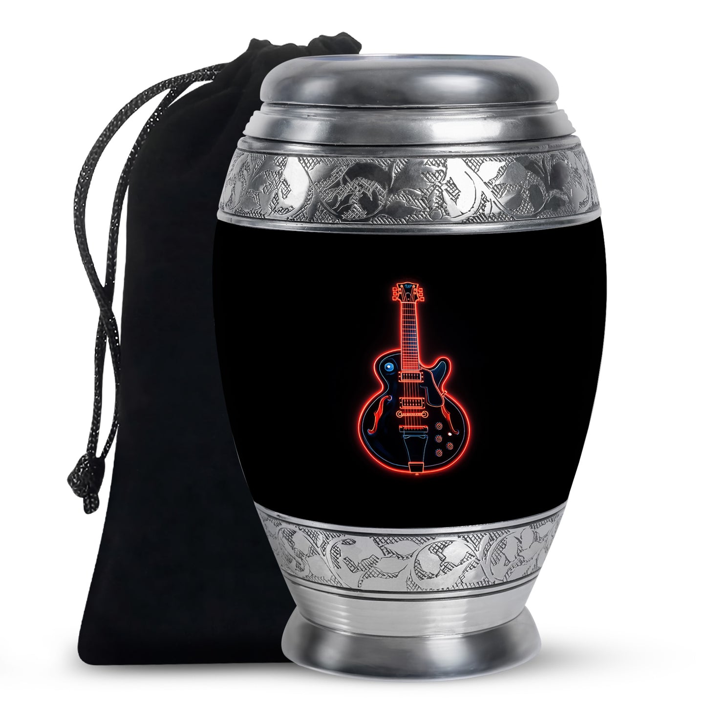 Obsidian Black Guitar Cremation Urn back view with polished surface - royal guitar engraving with decorative scrollwork - full-size 10 inch 200 cubic inch adult cremation urn